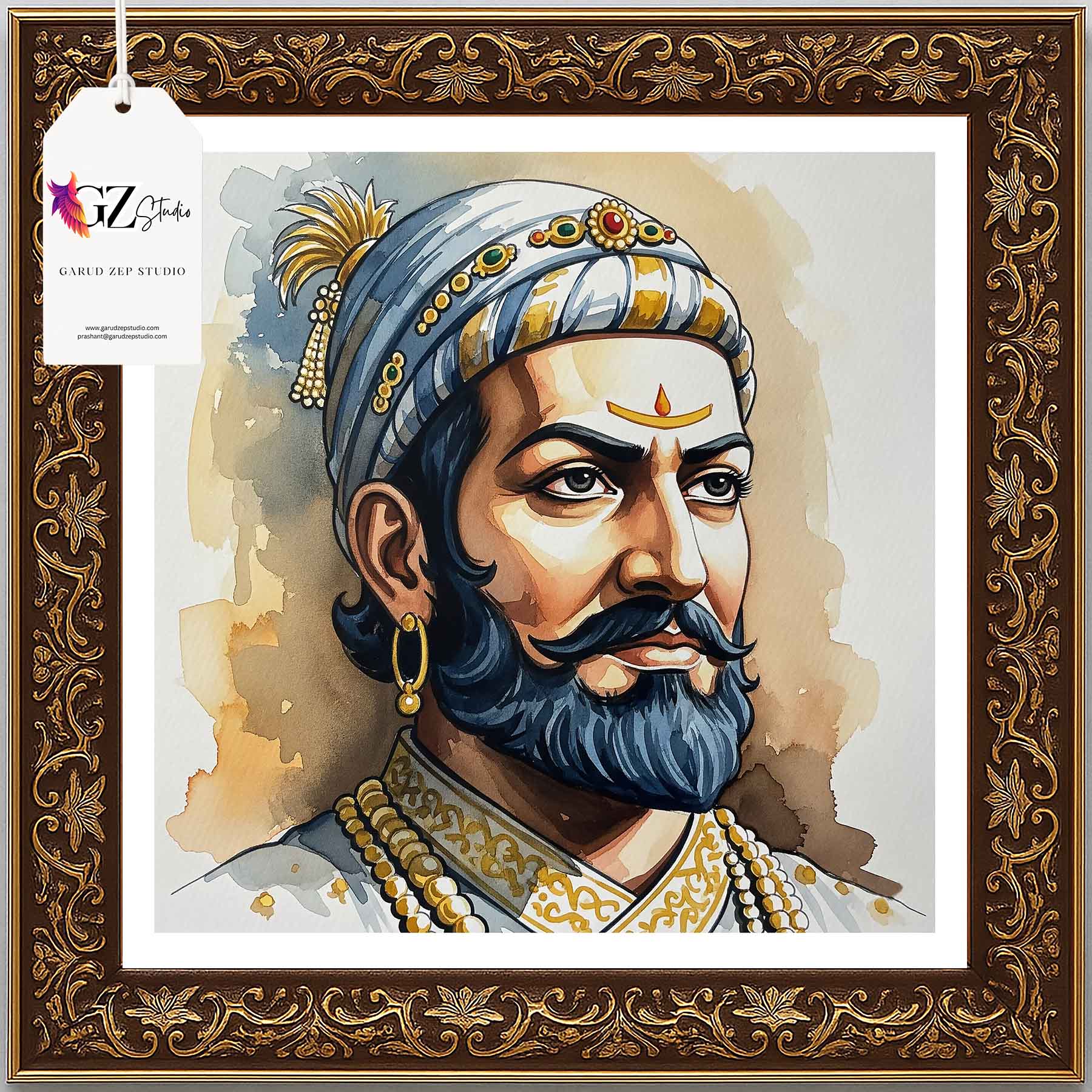 Chhatrapati Shivaji Maharaj Framed Art - Watercolor Royal Portrait(0025)