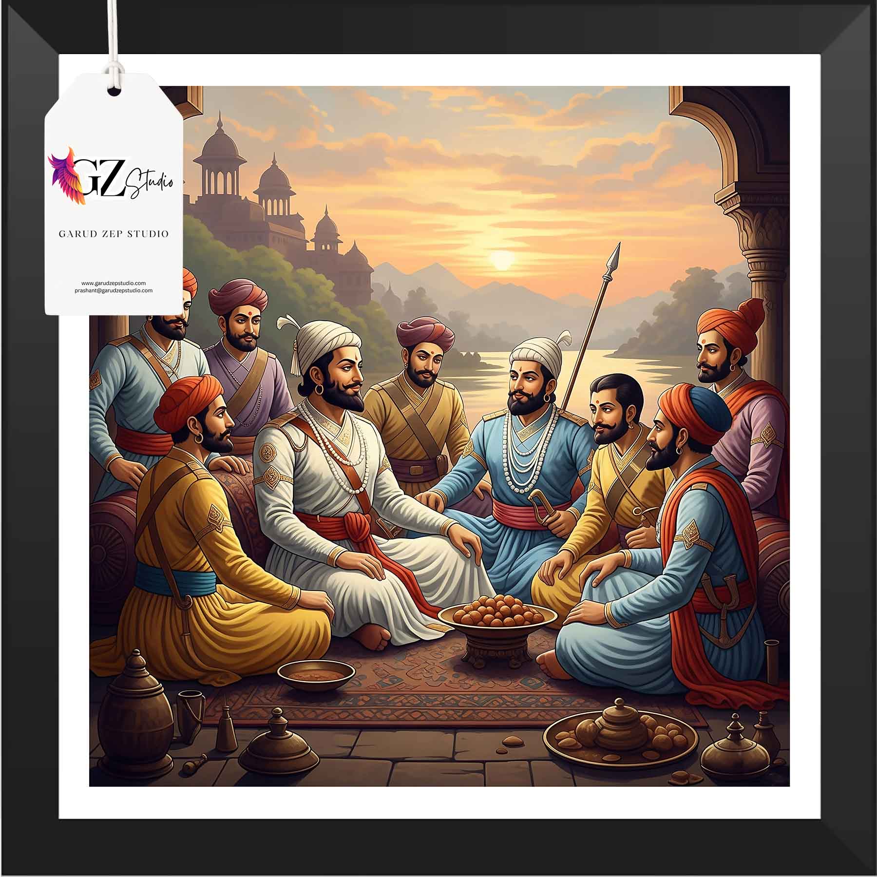 Royal Gathering: Shivaji Maharaj & Companions - Framed Indian Heritage Art(0033)