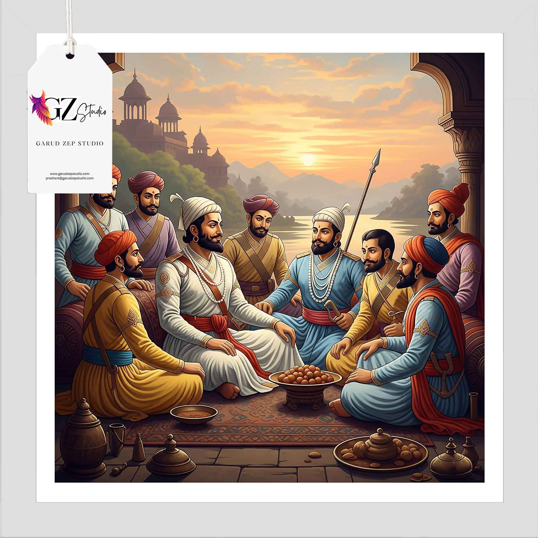 Royal Gathering: Shivaji Maharaj & Companions - Framed Indian Heritage Art(0033)