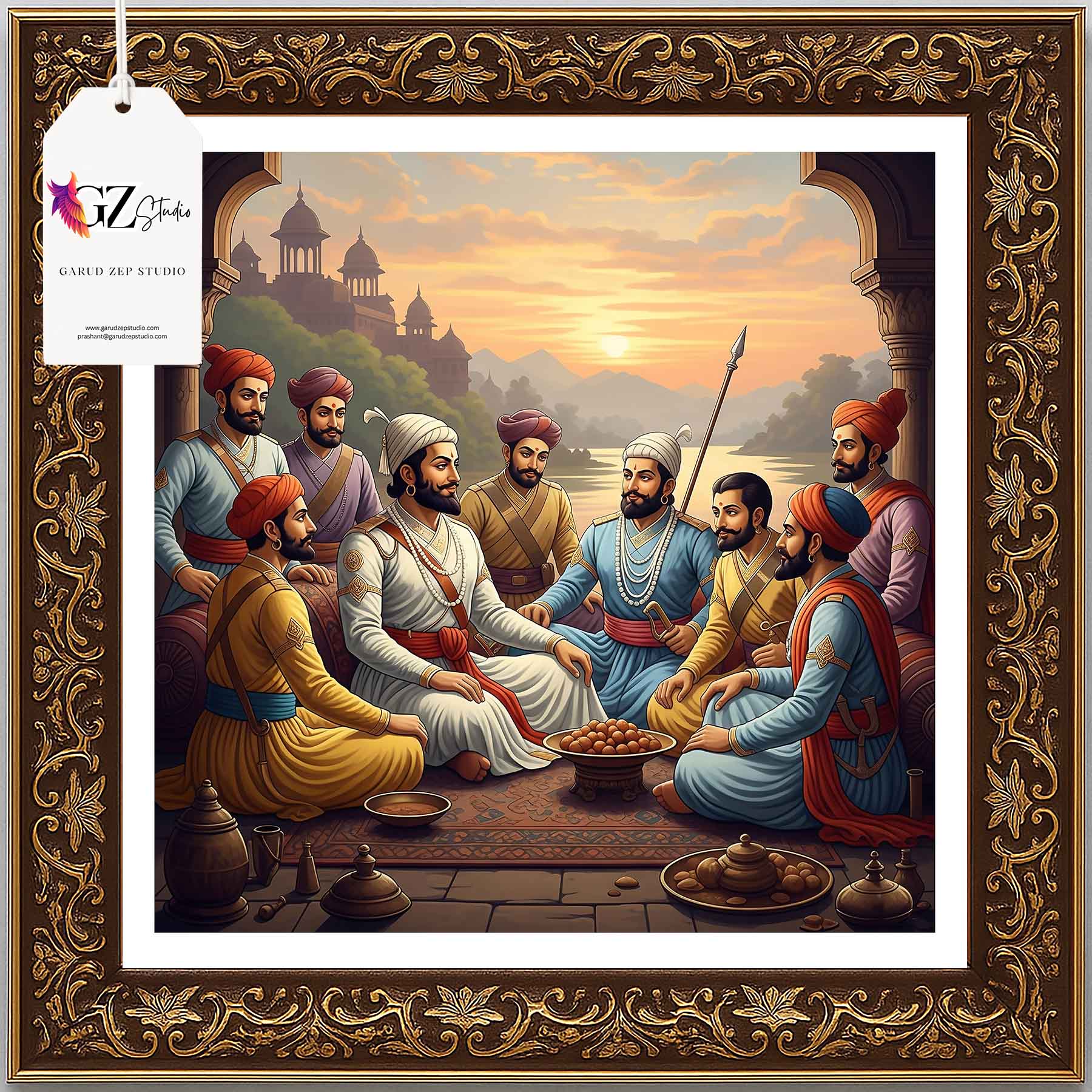 Royal Gathering: Shivaji Maharaj & Companions - Framed Indian Heritage Art(0033)