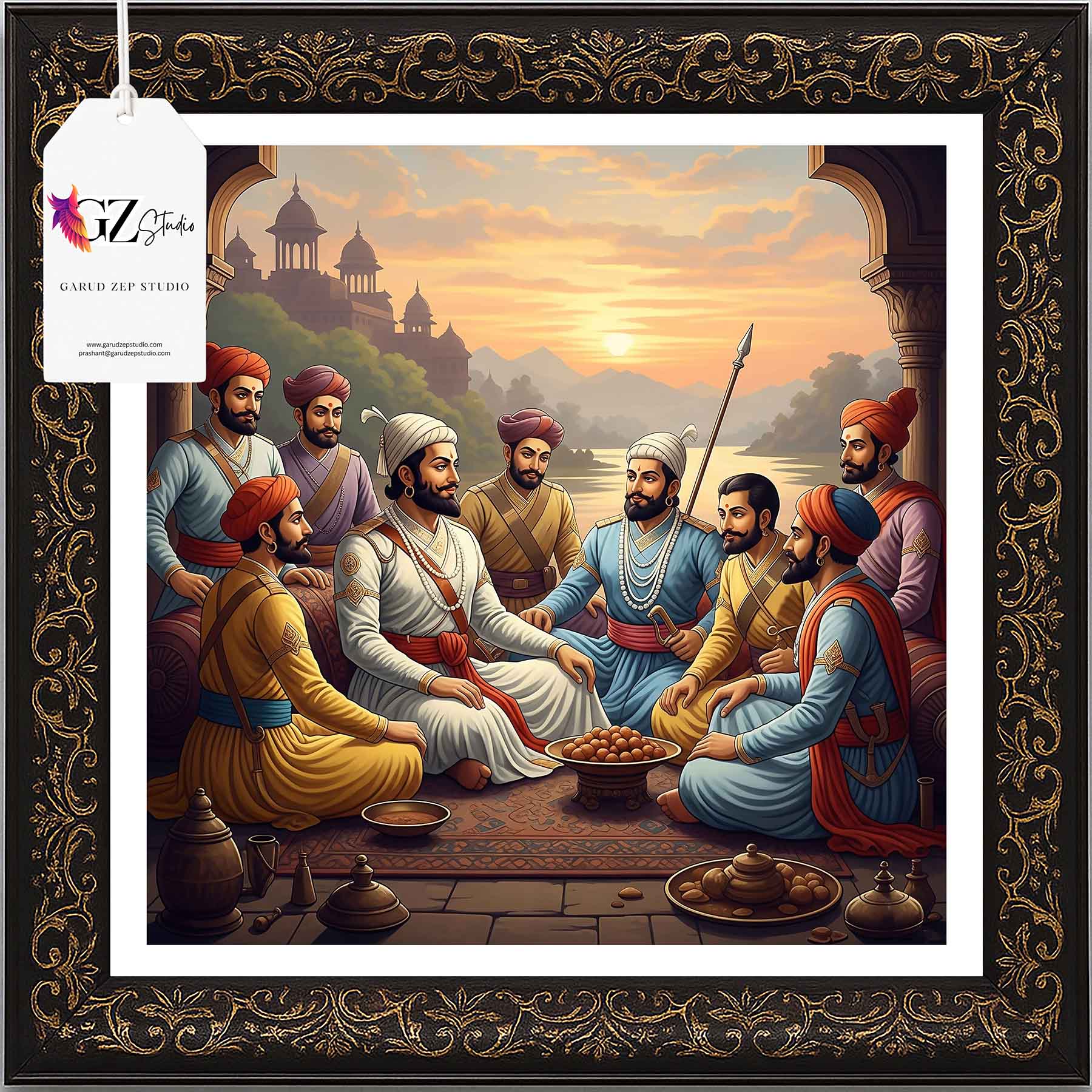 Royal Gathering: Shivaji Maharaj & Companions - Framed Indian Heritage Art(0033)