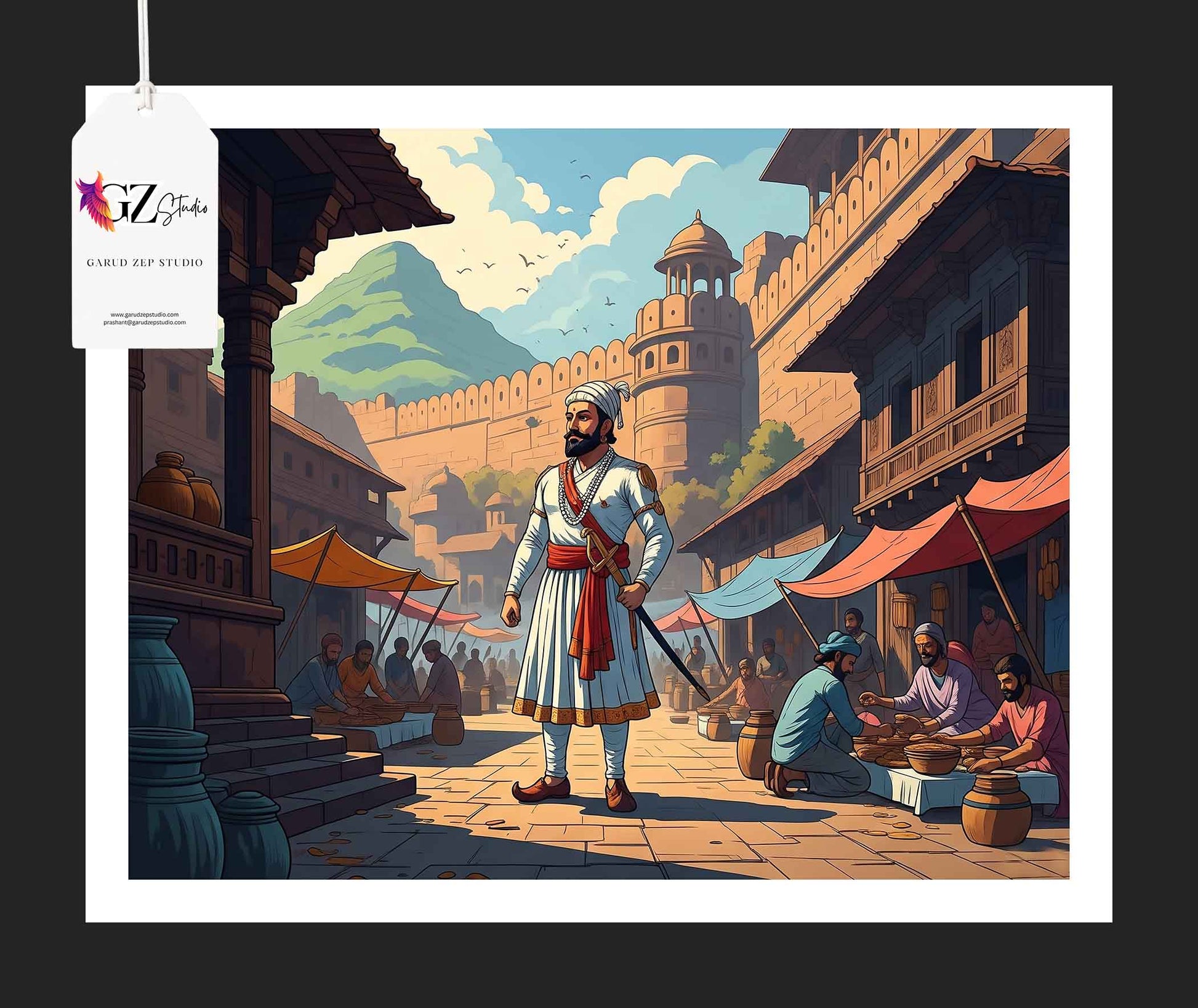 Shivaji Maharaj in Historic Town - Framed Indian Heritage Scene(0044)