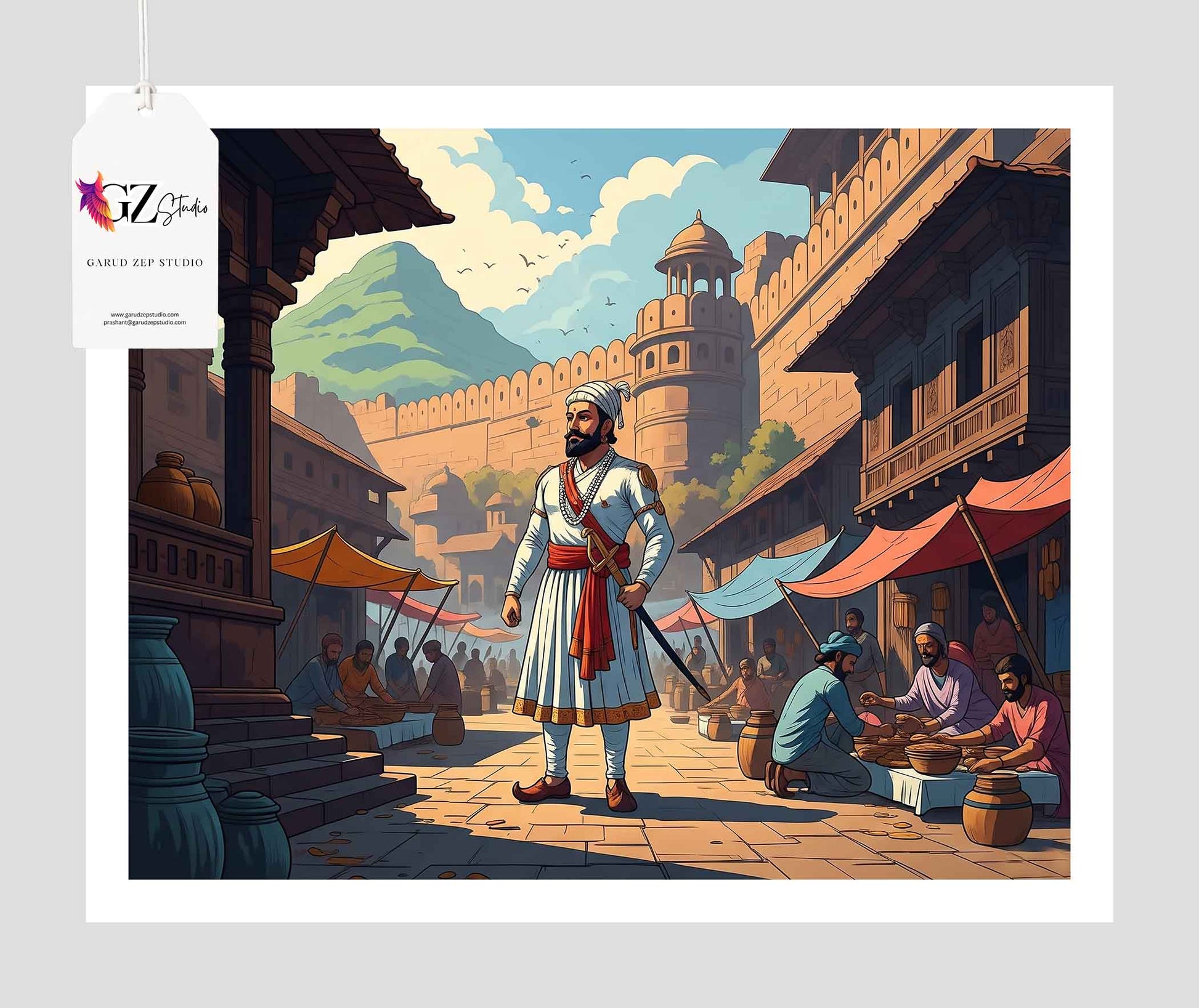 Shivaji Maharaj in Historic Town - Framed Indian Heritage Scene(0044)