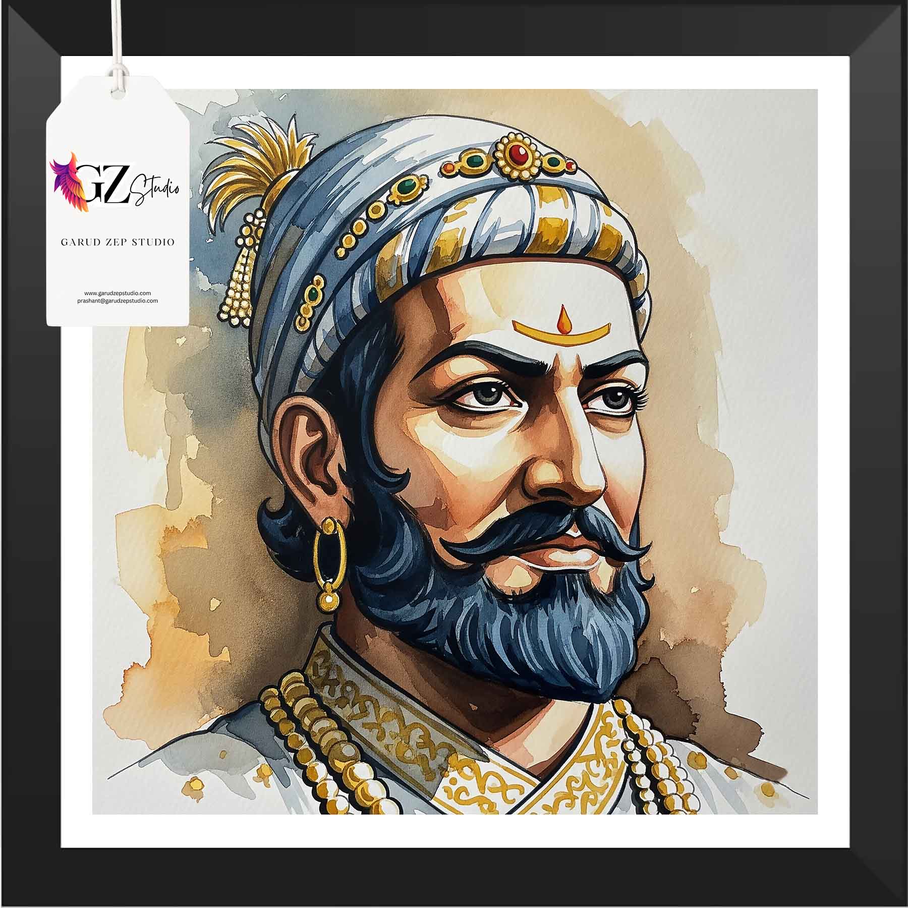 Chhatrapati Shivaji Maharaj Framed Art - Watercolor Royal Portrait(0025)