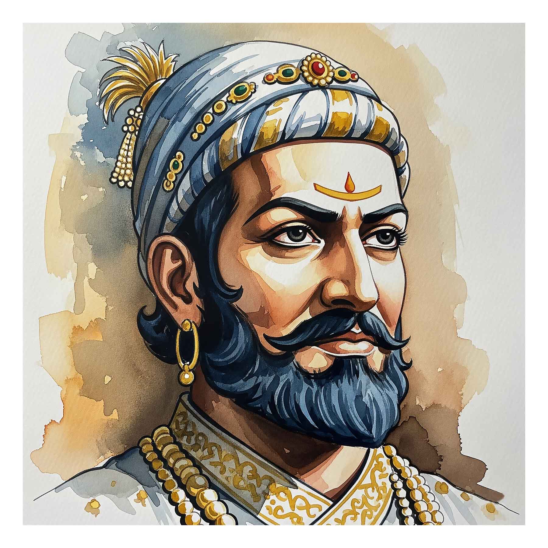 Chhatrapati Shivaji Maharaj Art - Watercolor Royal Portrait(0025) - Photo Print