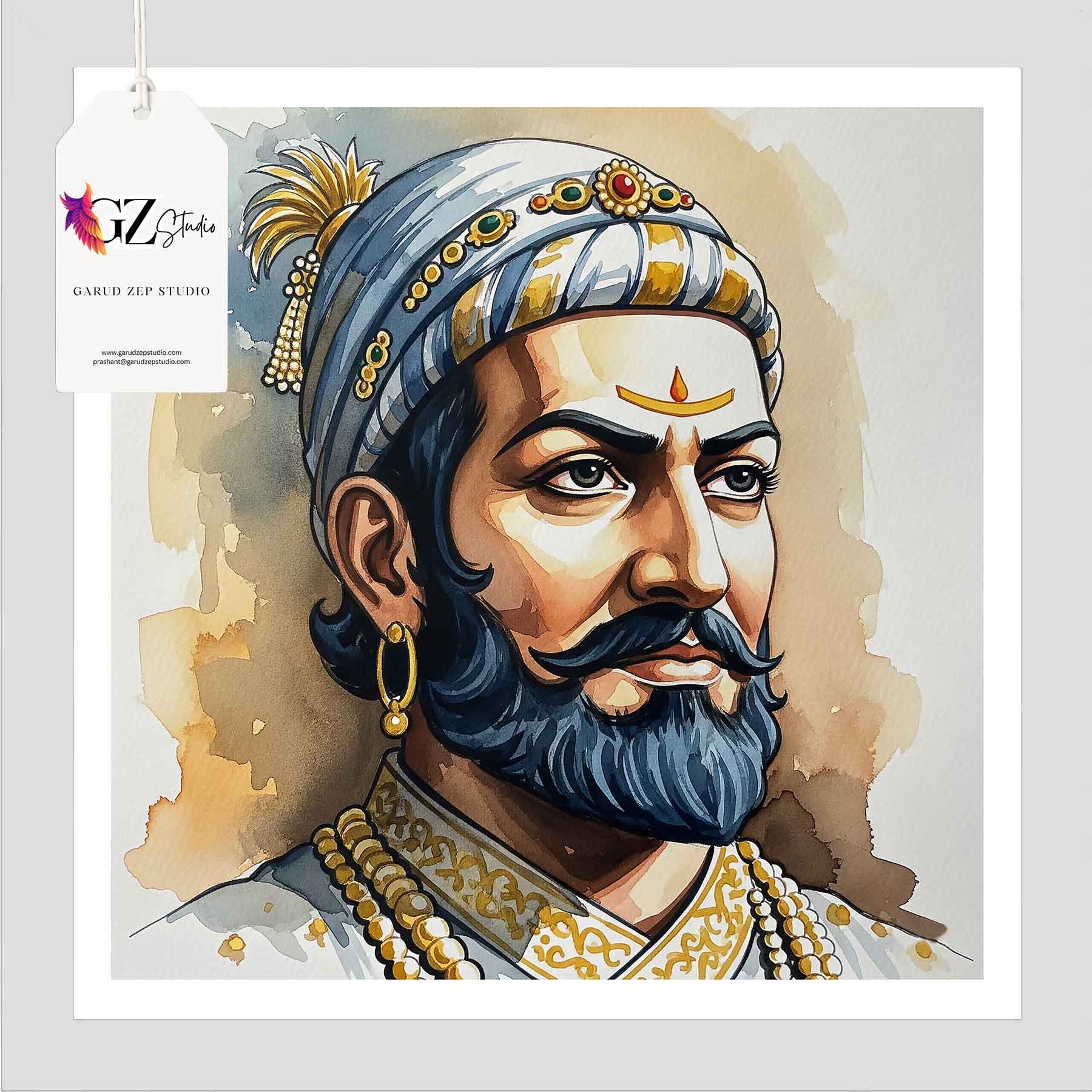 Chhatrapati Shivaji Maharaj Framed Art - Watercolor Royal Portrait(0025)
