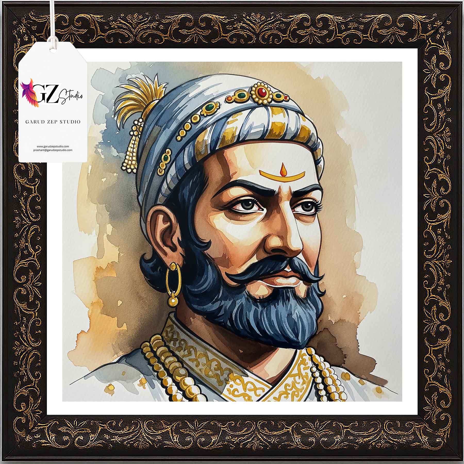 Chhatrapati Shivaji Maharaj Framed Art - Watercolor Royal Portrait(0025)