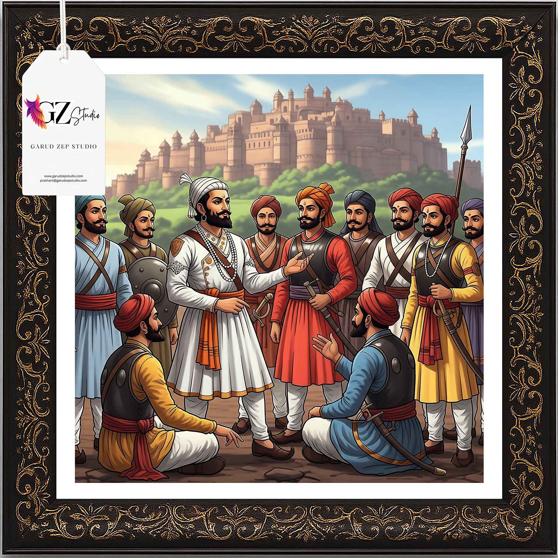 Chhatrapati Shivaji Maharaj with Maratha Warriors - Framed Historic Scene(0032)