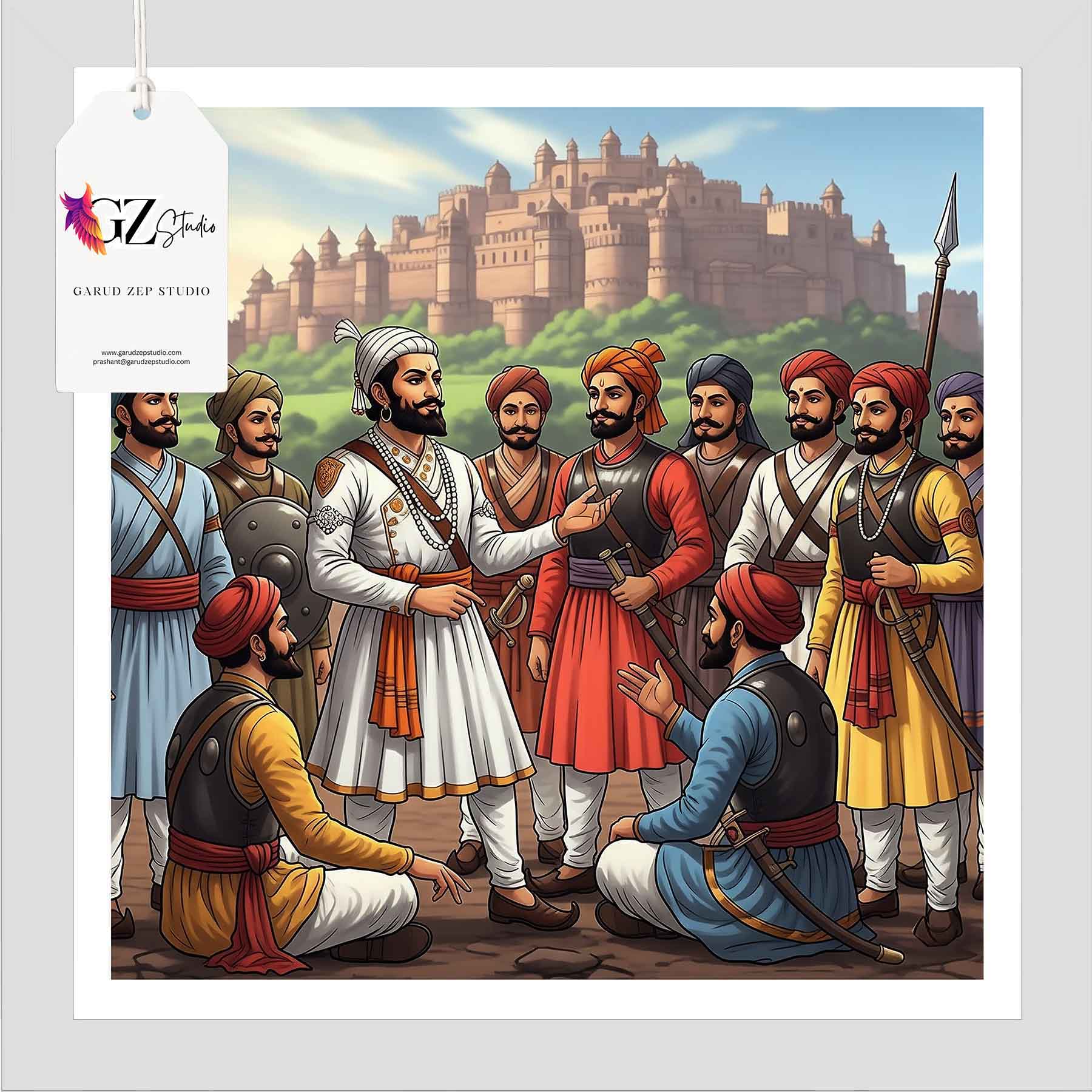 Chhatrapati Shivaji Maharaj with Maratha Warriors - Framed Historic Scene(0032)