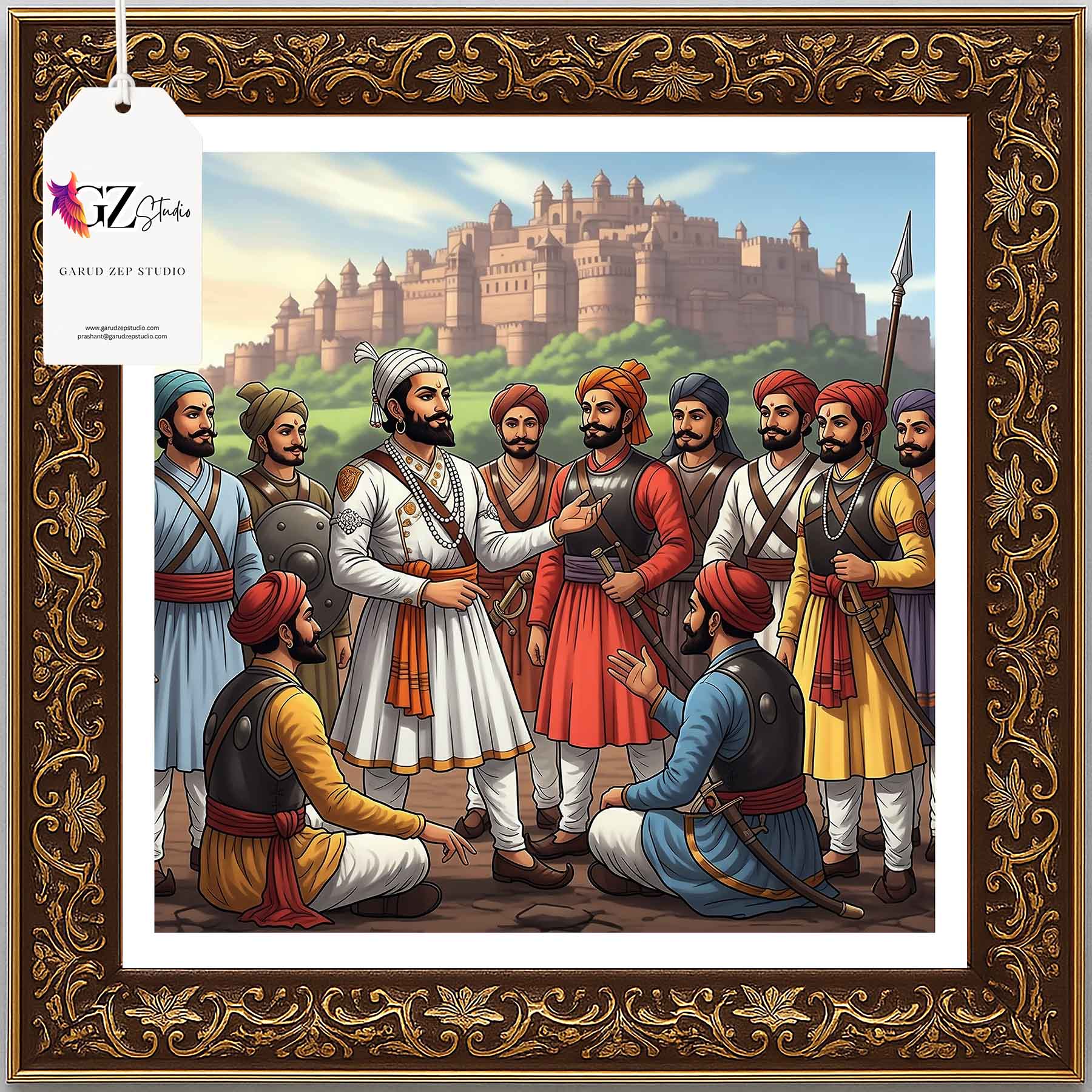 Chhatrapati Shivaji Maharaj with Maratha Warriors - Framed Historic Scene(0032)
