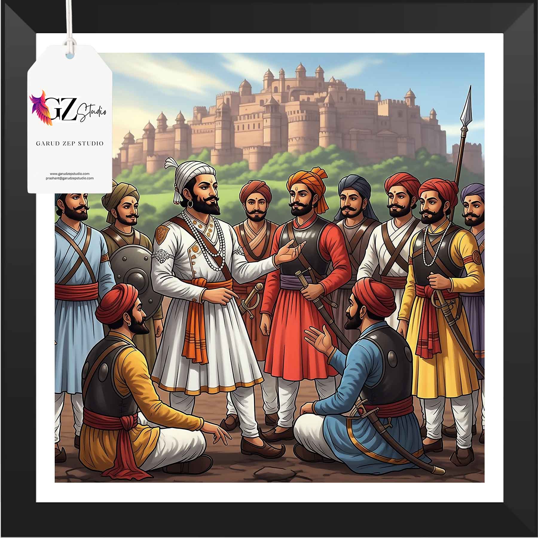 Chhatrapati Shivaji Maharaj with Maratha Warriors - Framed Historic Scene(0032)