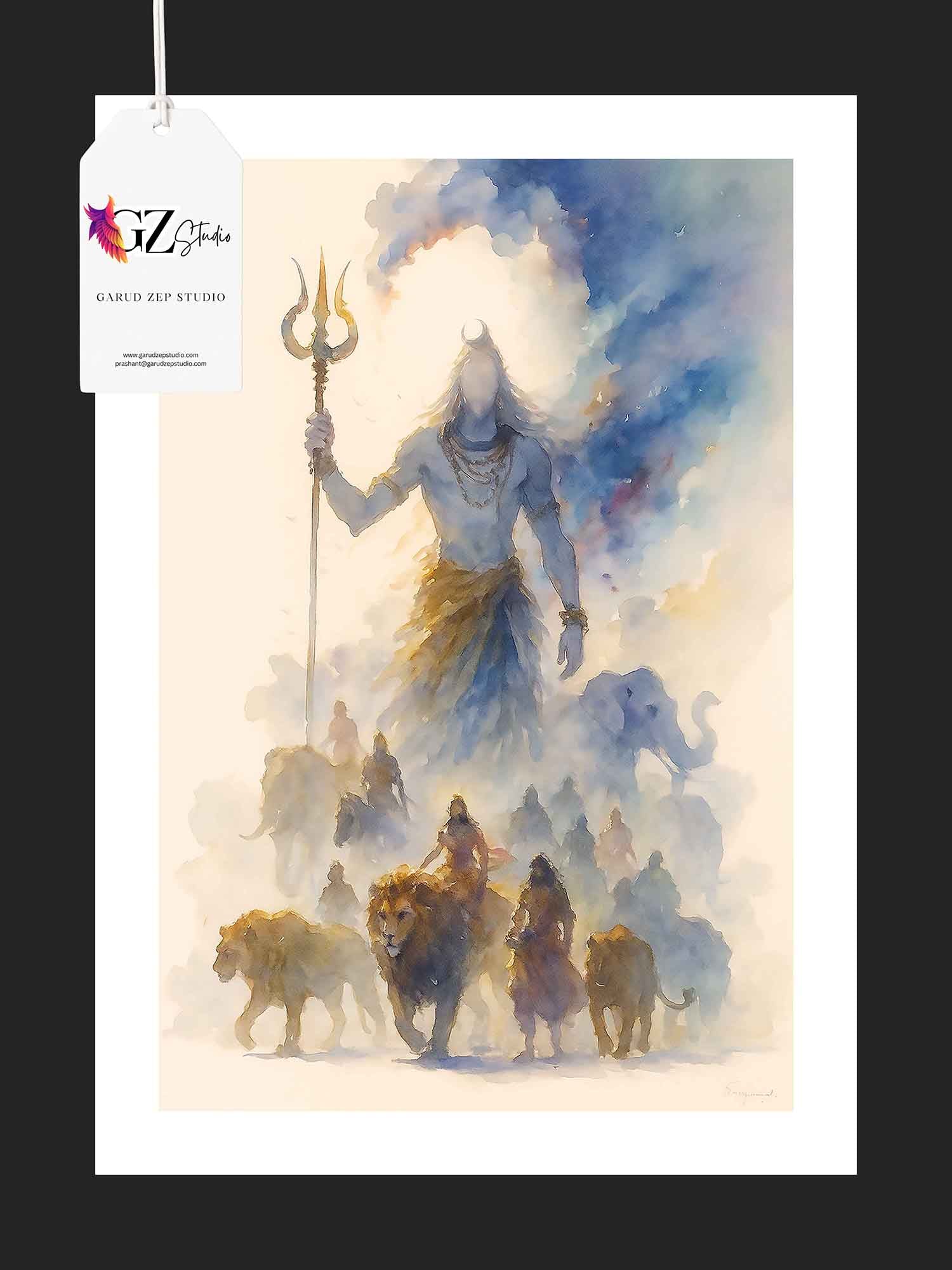 Cosmic Lord Shiva with Divine Procession - Framed Spiritual Art(0036)