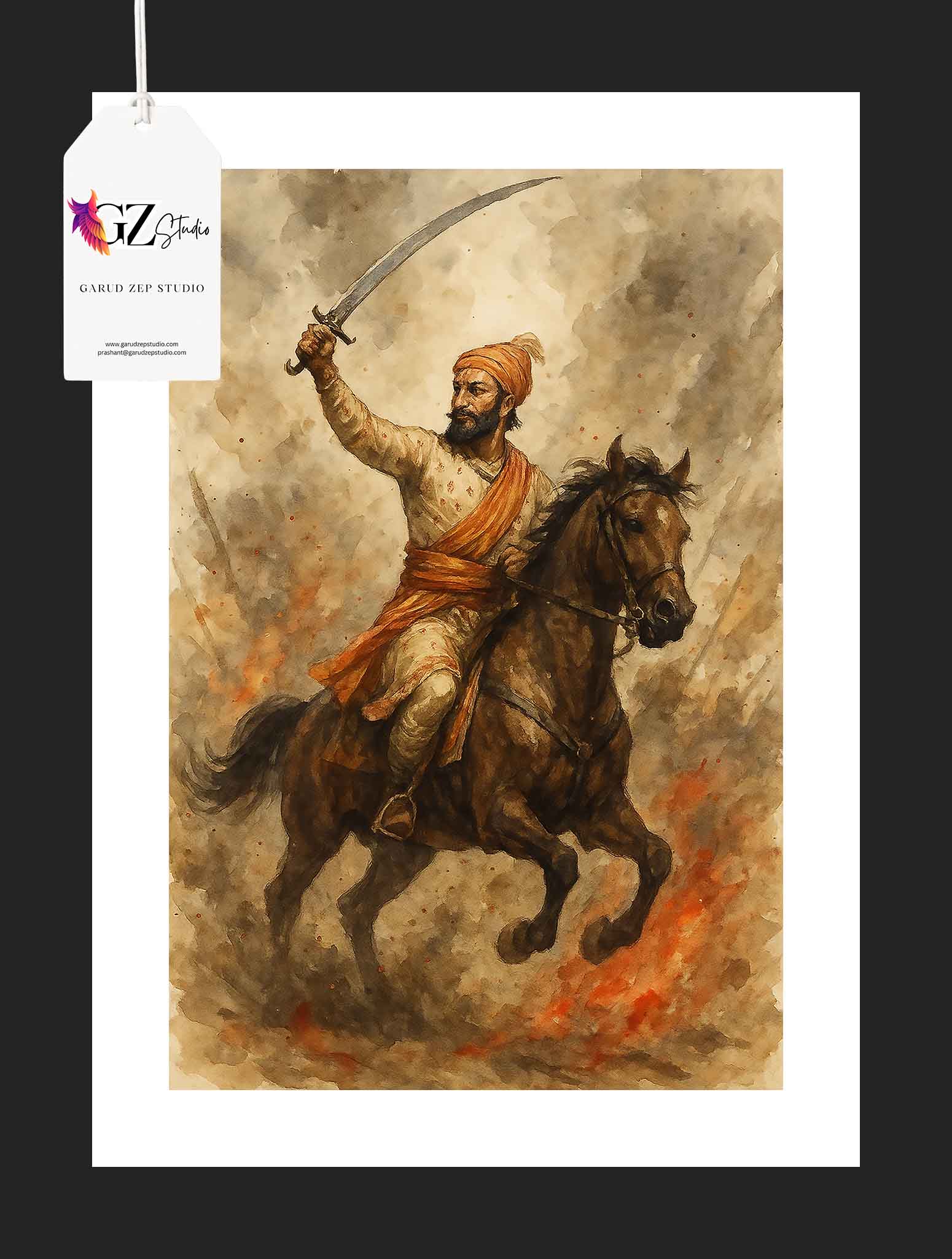Shivaji Maharaj Battle Horseback - Framed Dynamic Art(0041)