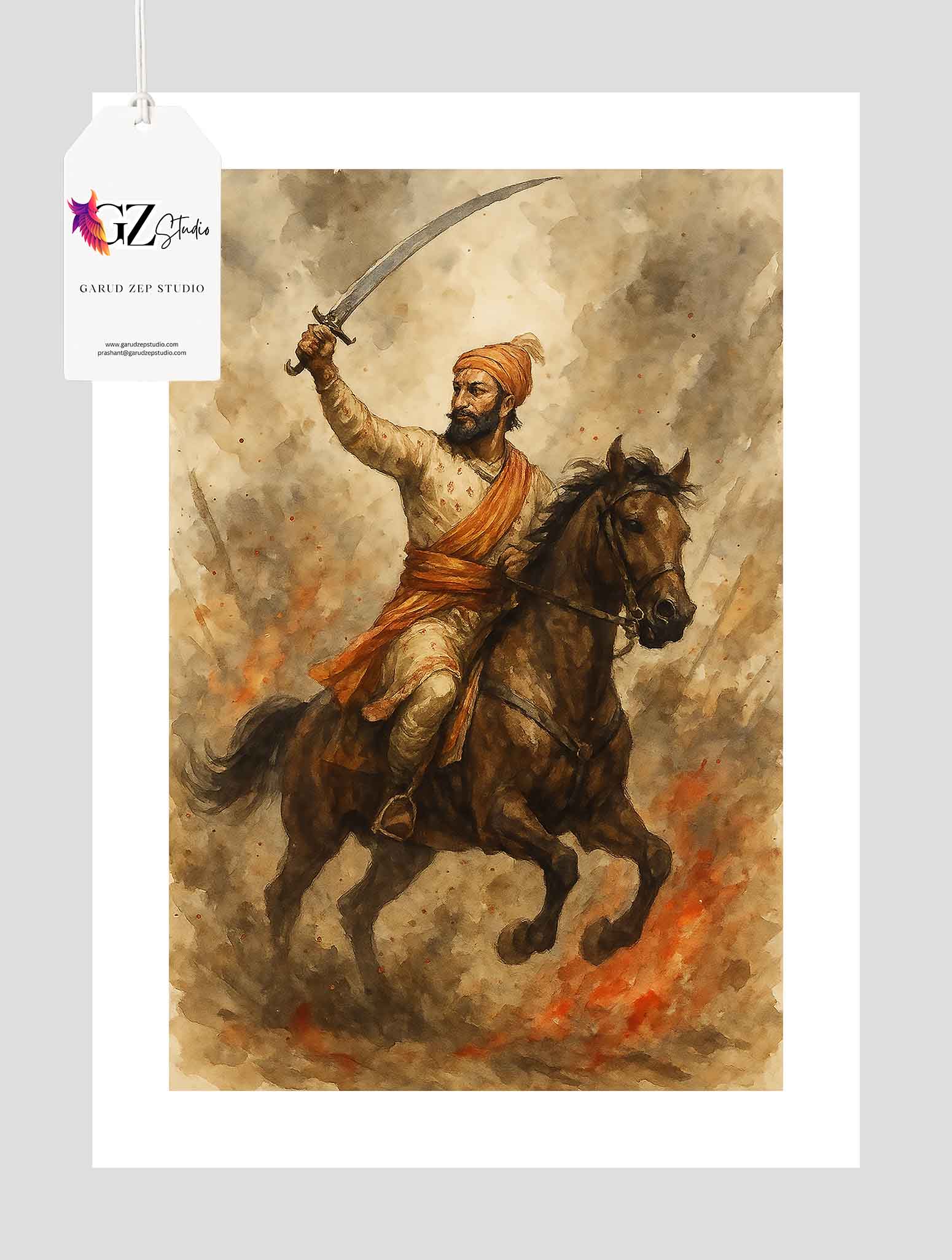 Shivaji Maharaj Battle Horseback - Framed Dynamic Art(0041)