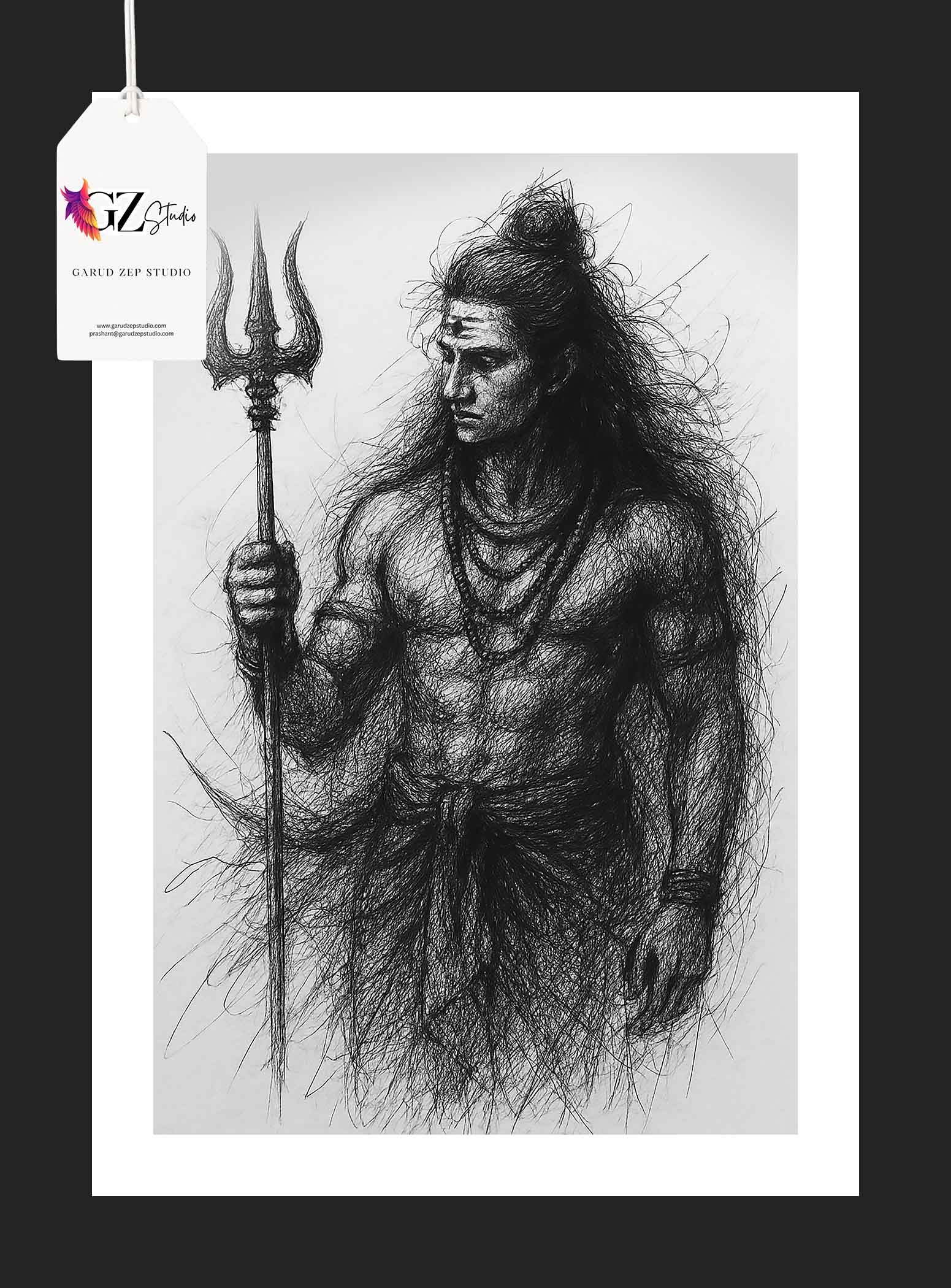 Intense Lord Shiva: Abstract Sketch Framed Art(0043)