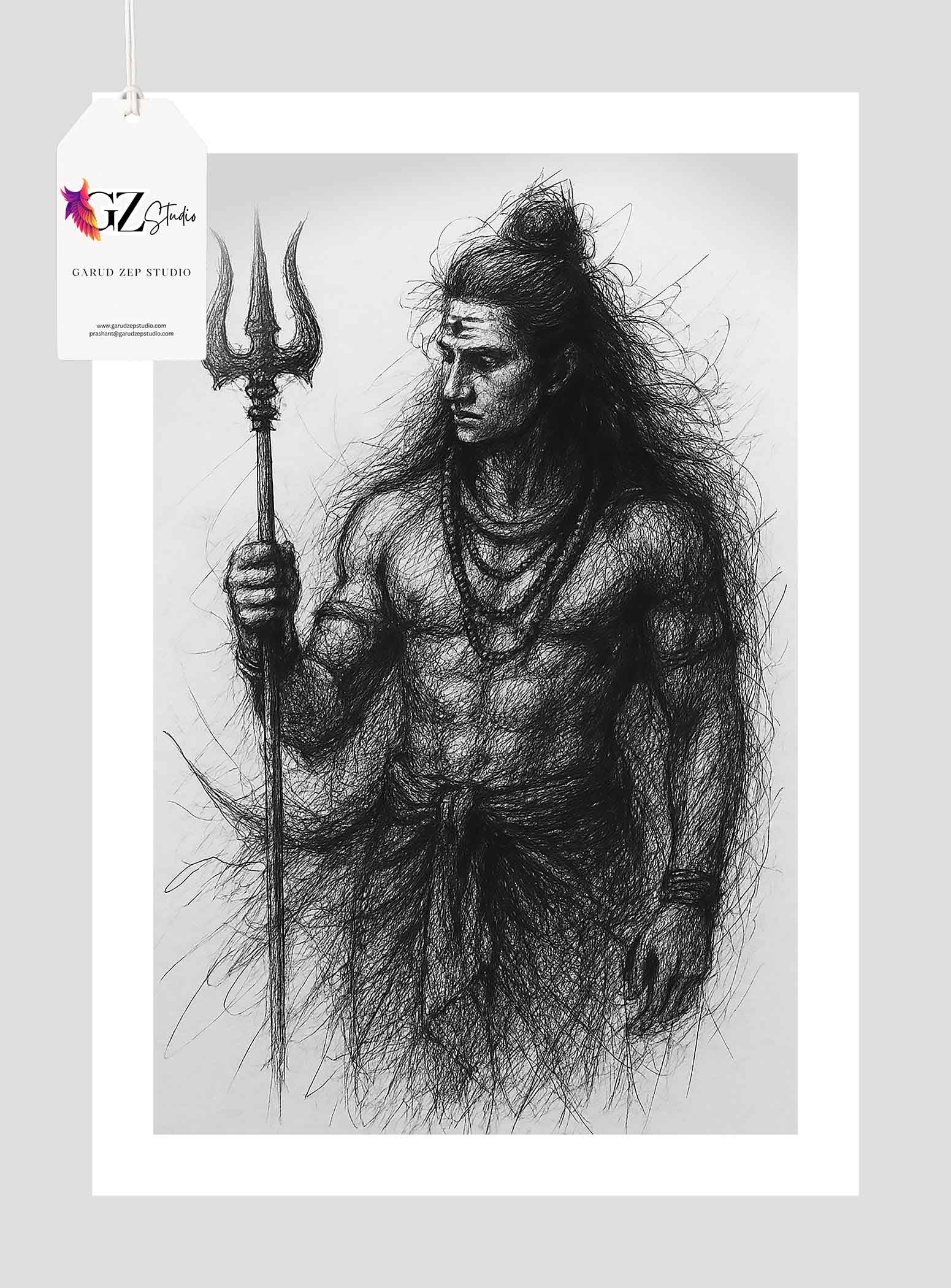 Intense Lord Shiva: Abstract Sketch Framed Art(0043)