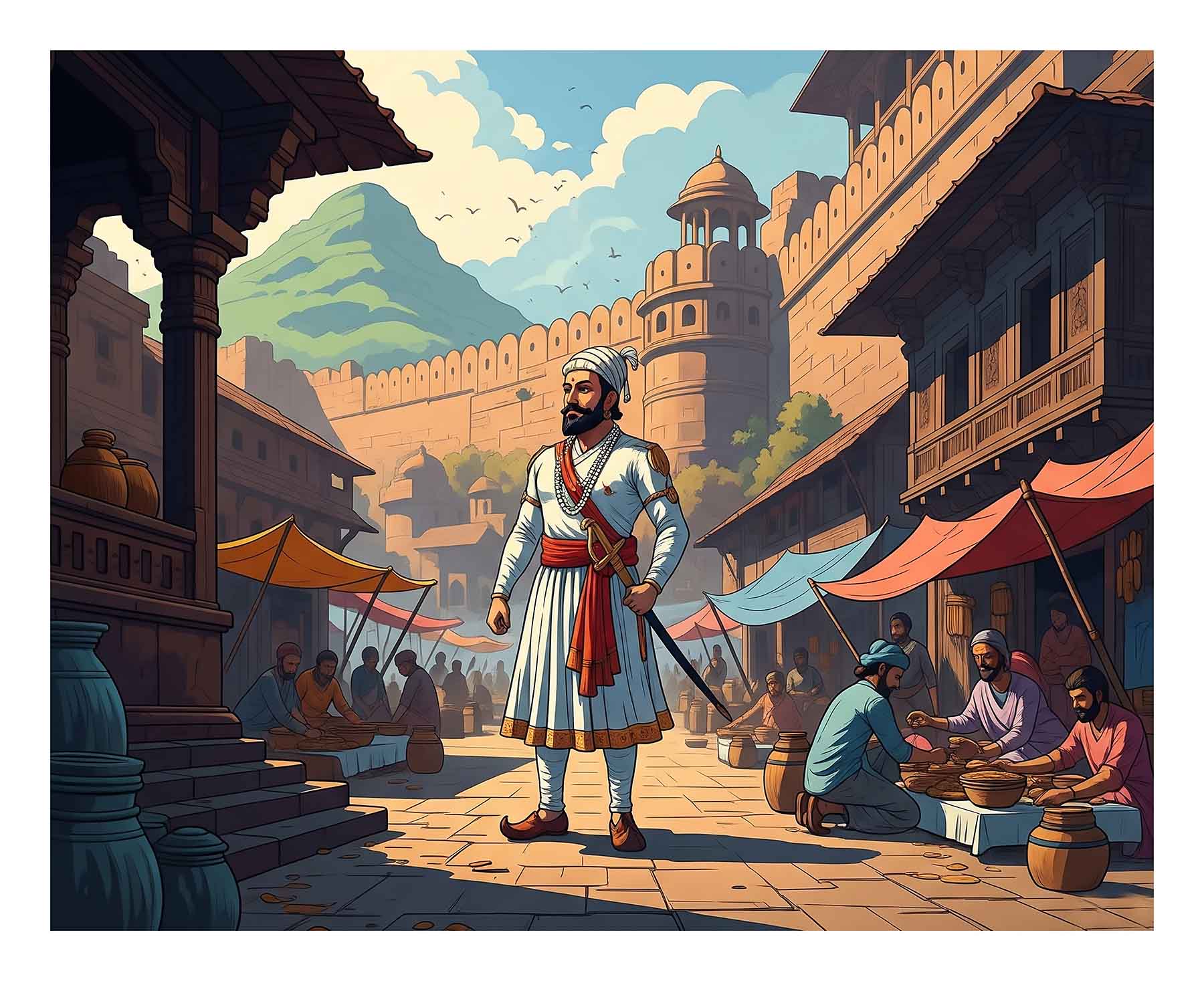 Shivaji Maharaj in Historic Town - Indian Heritage Scene(0044) - Photo Print