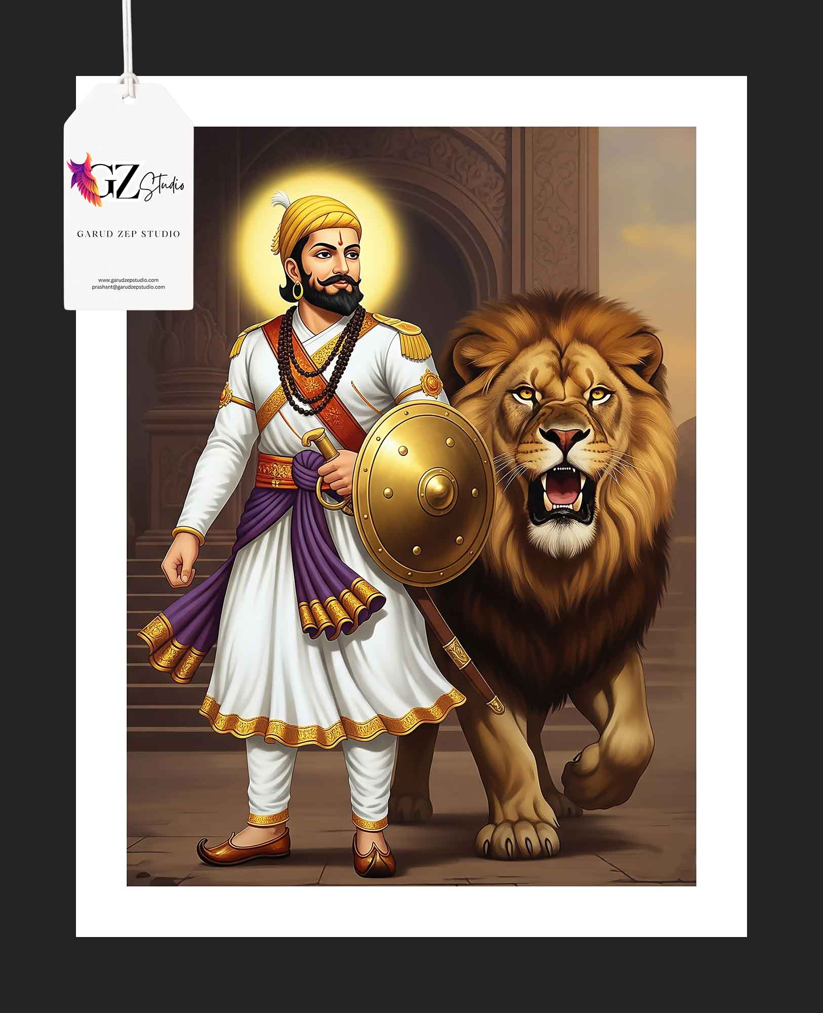 The Roar of Swarajya: Chhatrapati Shivaji Maharaj & Lion Framed Art(0045)